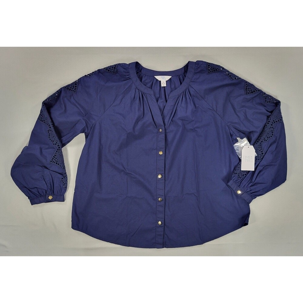 Time and Tru Navy Blue Cotton Top Size M (8-10) Eyelet Lace Sleeve Blouse